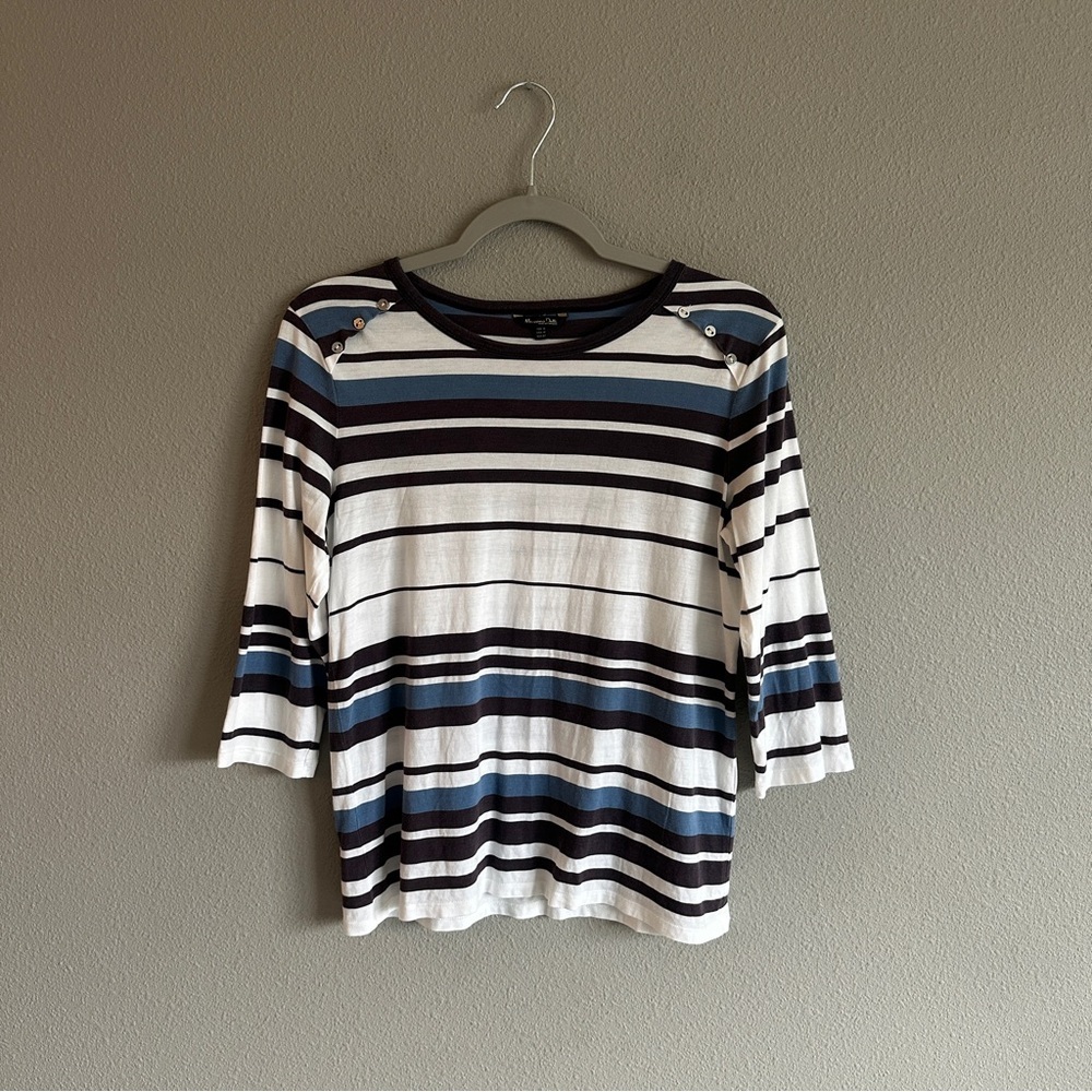Massimo Dutti Navy and White Striped 3/4 Sleeve Top Medium